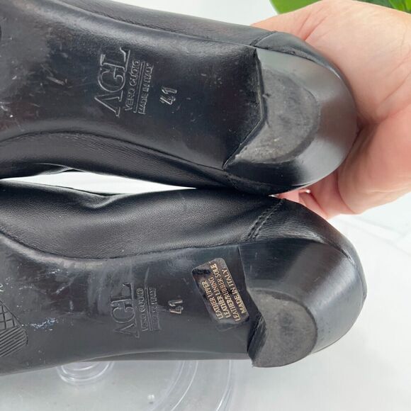 AGL Italy Women's Pump Size 41 11 Cap Toe Block Heel Low Heel Black Leather - Picture 8 of 11